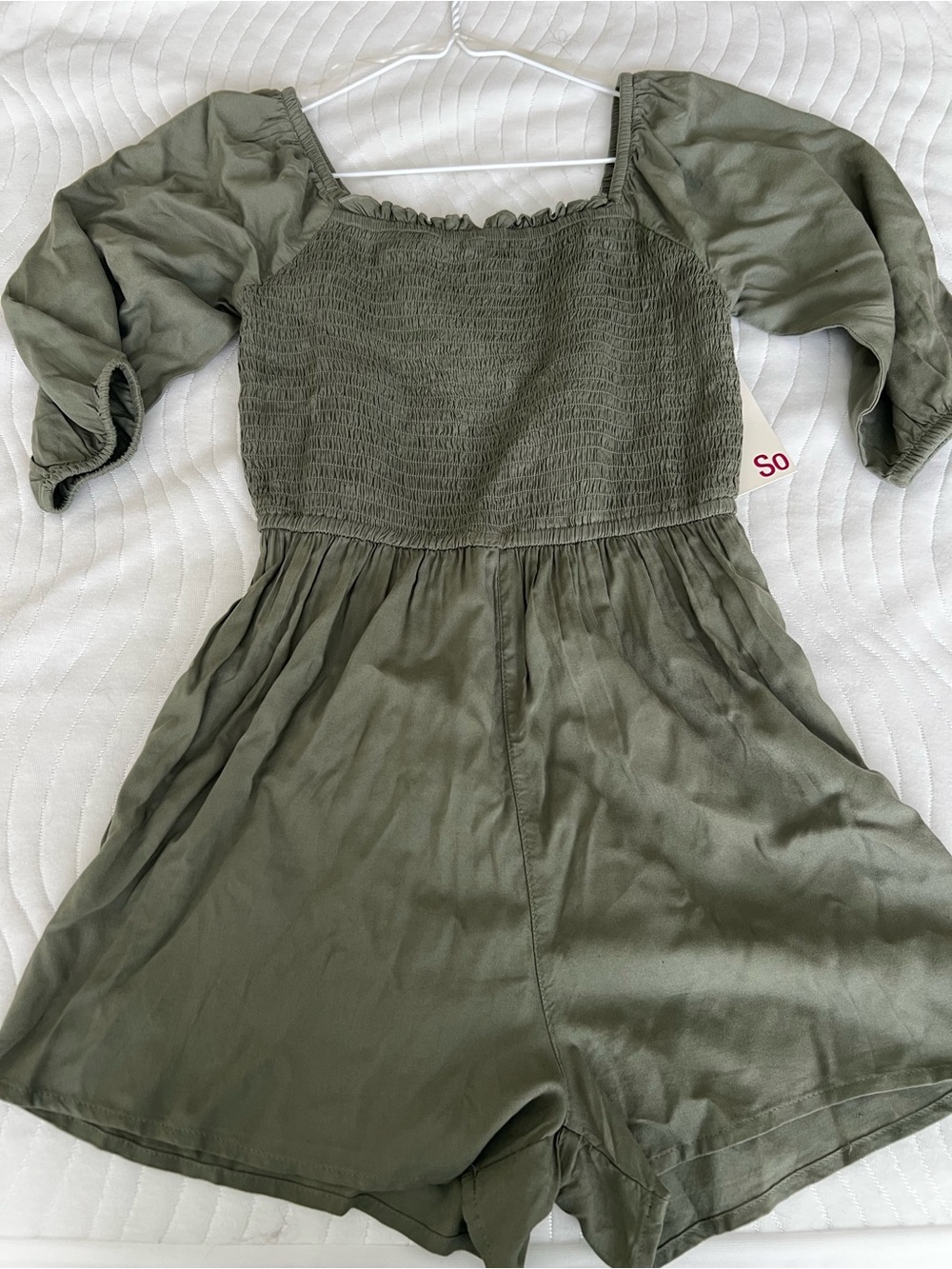 SO Olive Green Smocked Puff-Sleeve Romper
